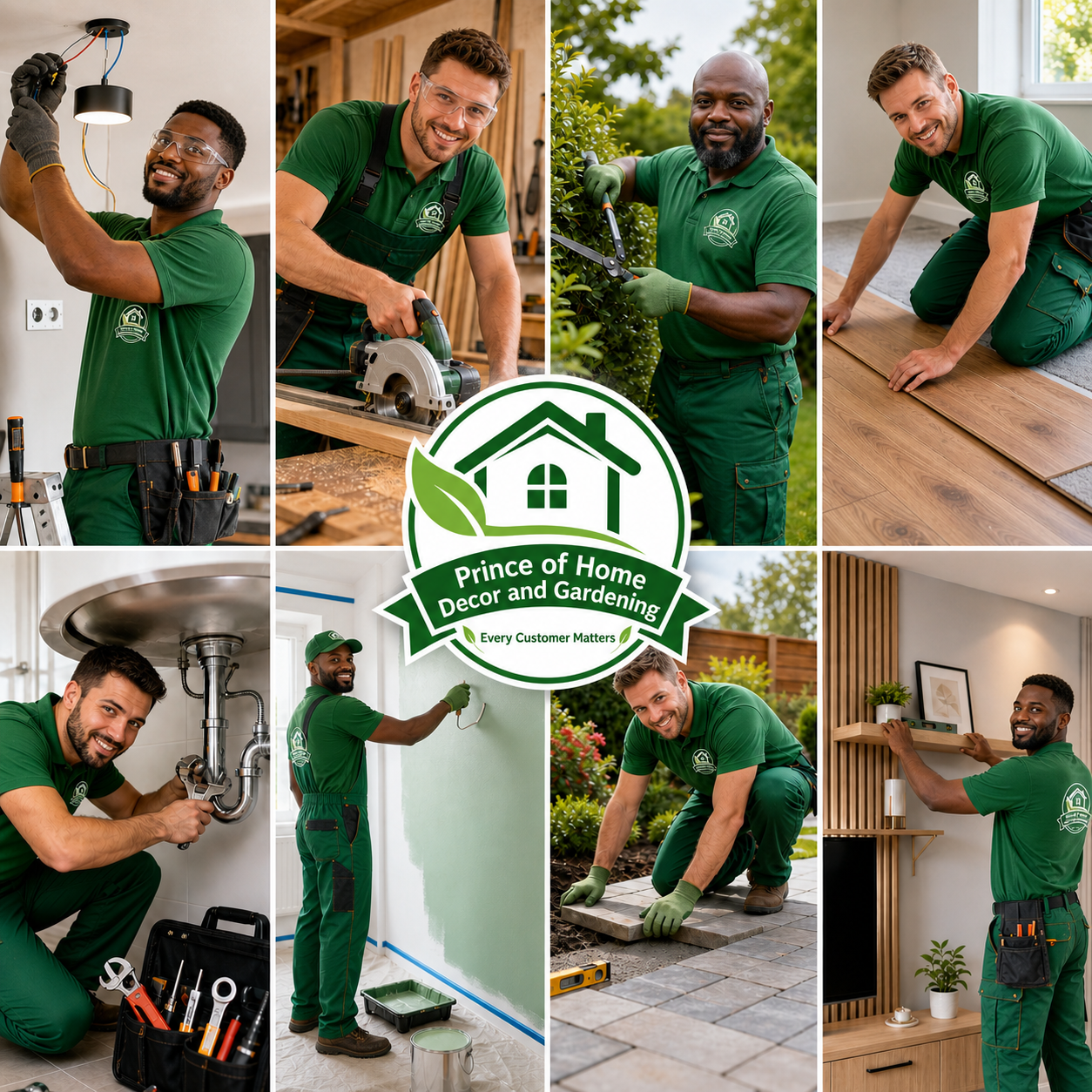 Prince of Home Decor and Gardening team at work — electrical, carpentry, gardening, flooring, plumbing, decorating and landscaping