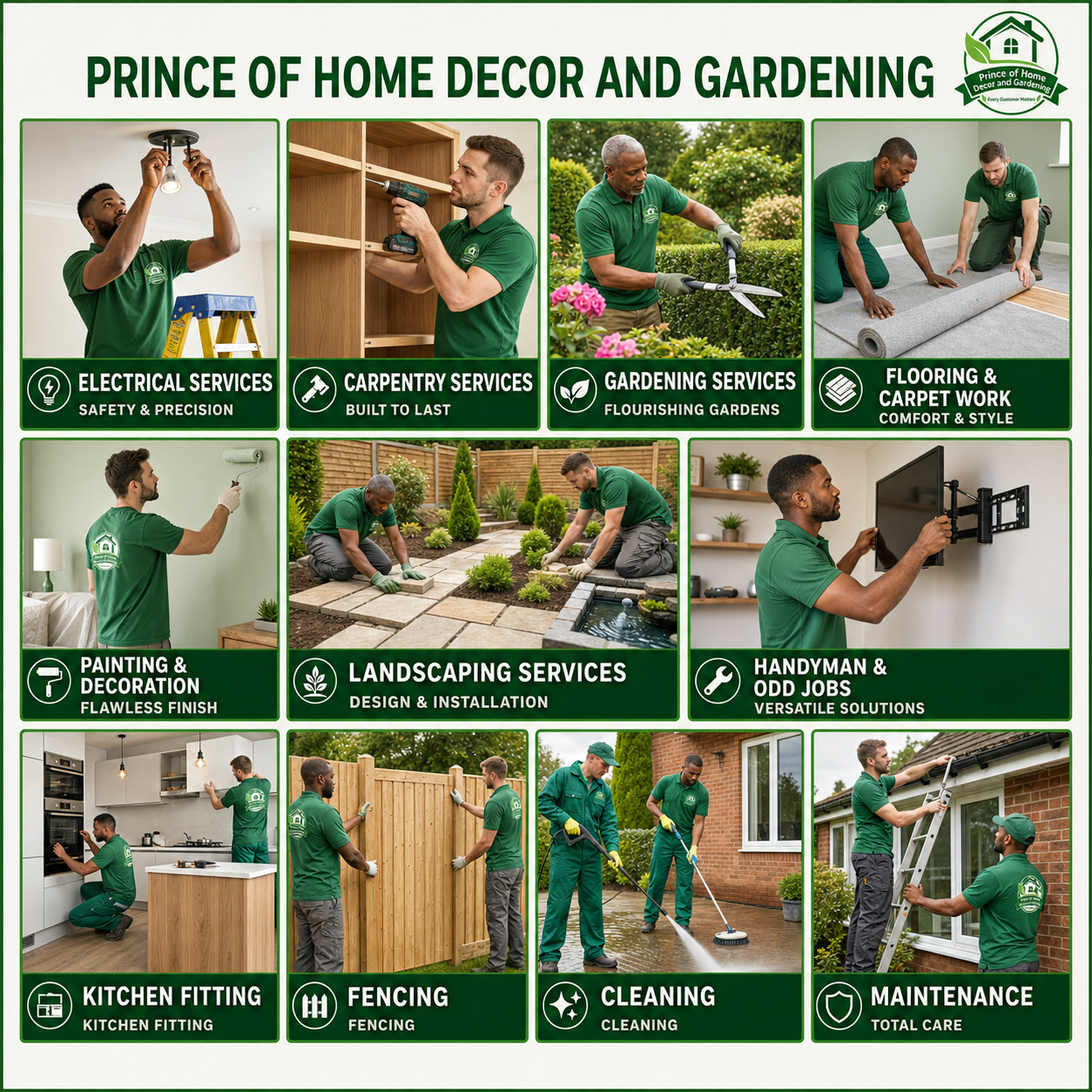 Services overview — electrical, carpentry, gardening, flooring, painting, landscaping, handyman, kitchen fitting, fencing, cleaning and maintenance