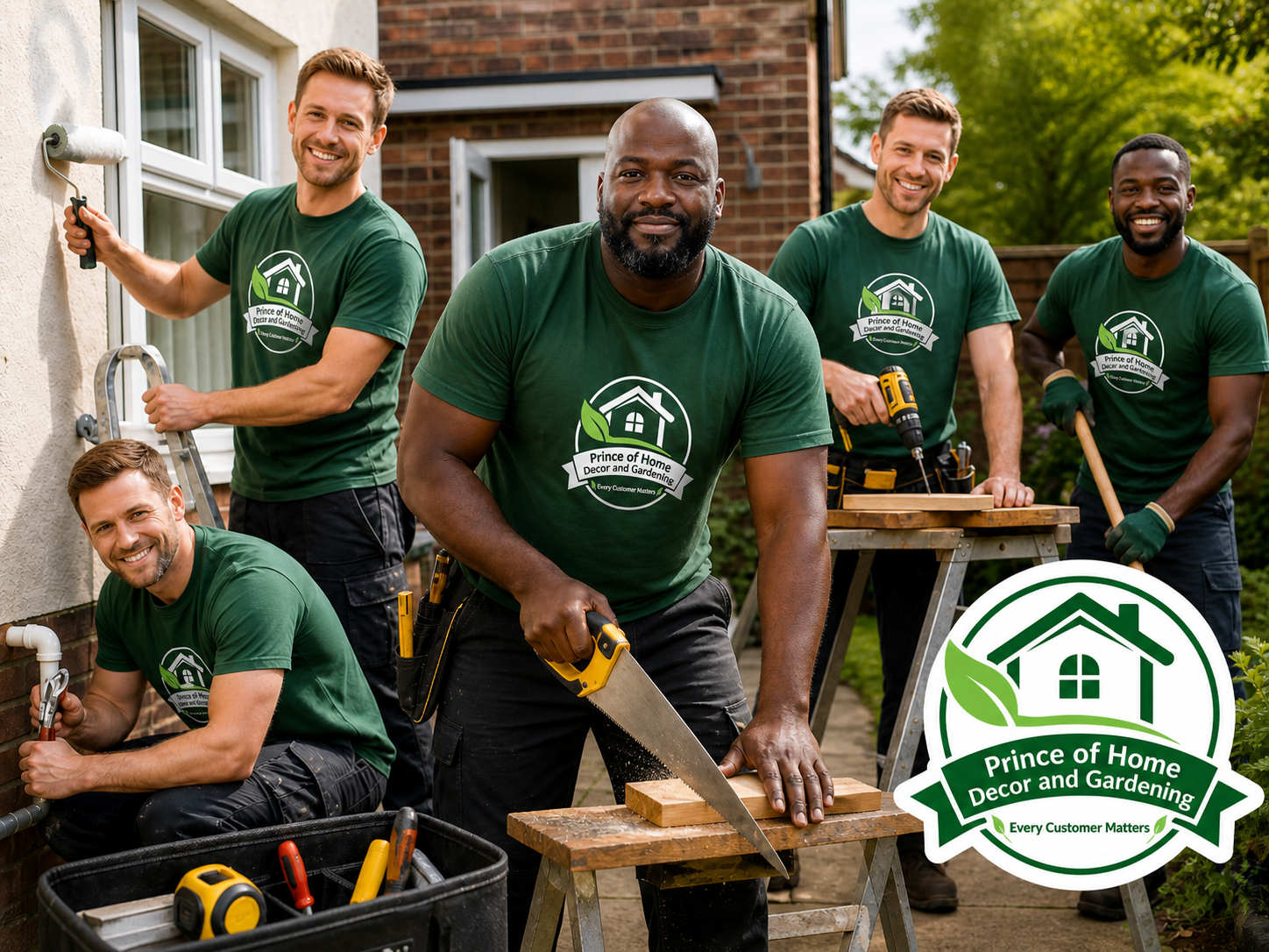 Prince of Home Decor and Gardening team in branded green uniforms working on decorating, plumbing and carpentry at a customer's property